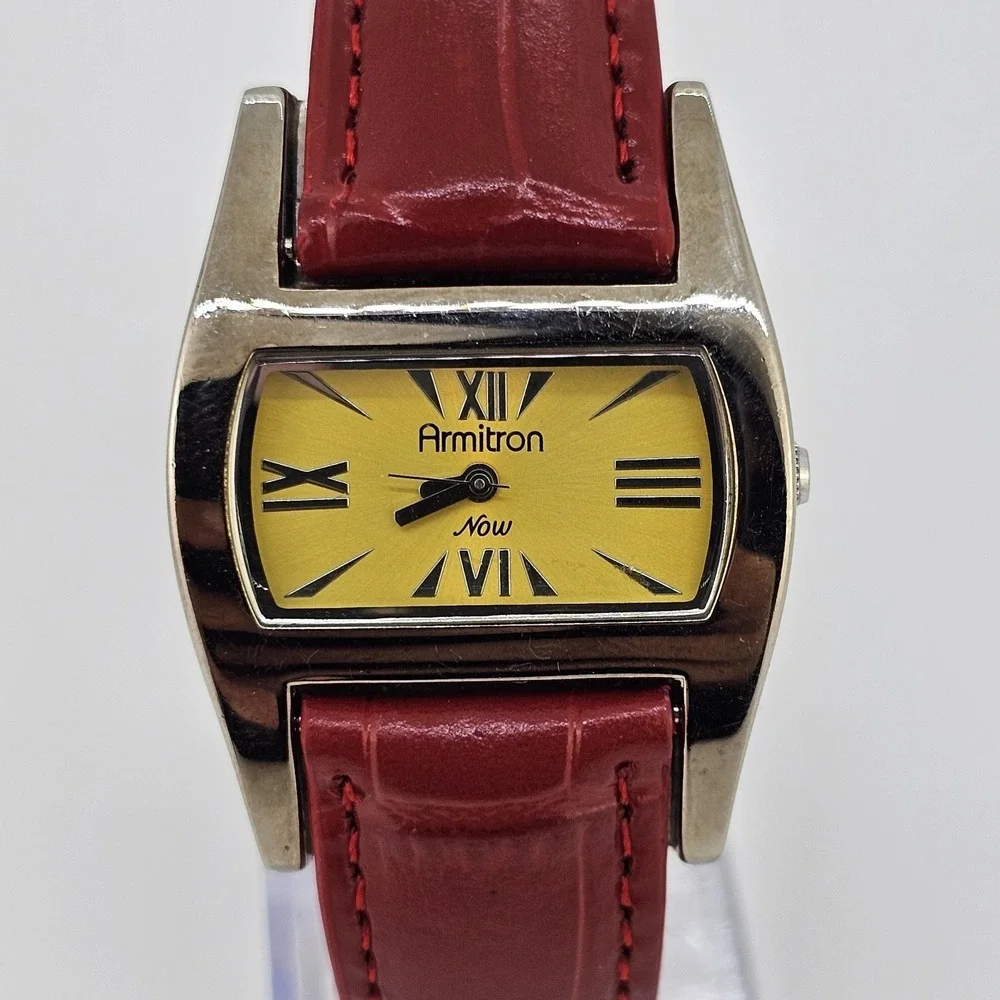 Armitron Analog Women's Watch 30MM Yellow Dial NEW Red Leather Bands NEW Battery